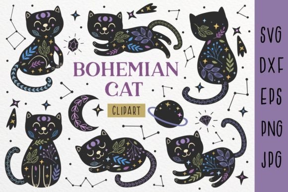 Bohemian Cat Clipart for Embroidery Projects
